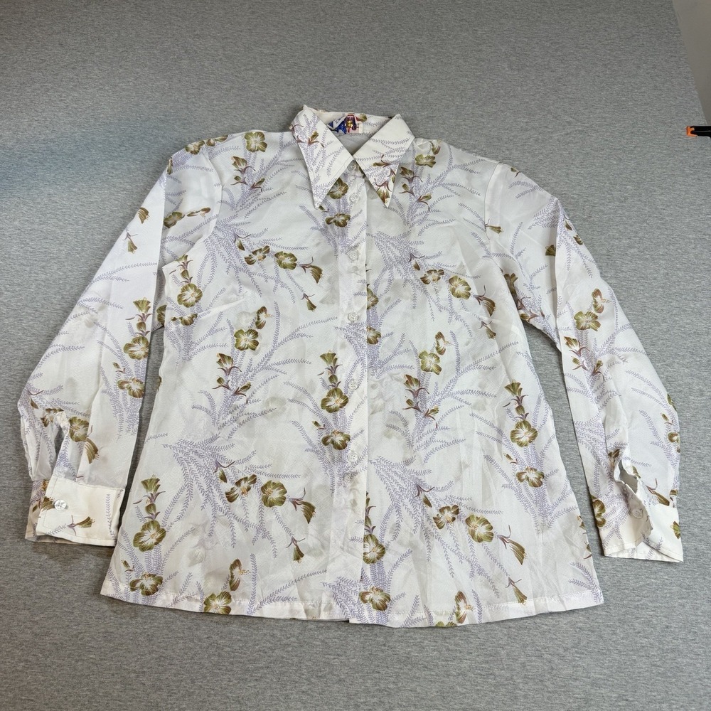 VTG Shule Sheer Floral Button Up Shirt Long Sleeve Blouse White Gold M L
